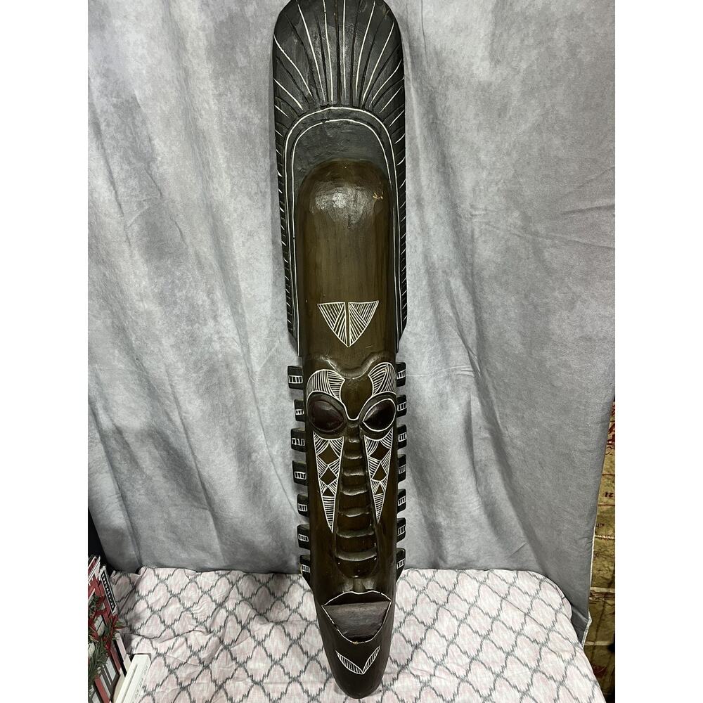 Handcrafted African Tribal Mask – Decorative Wall Art 39' Tall Dark Brown